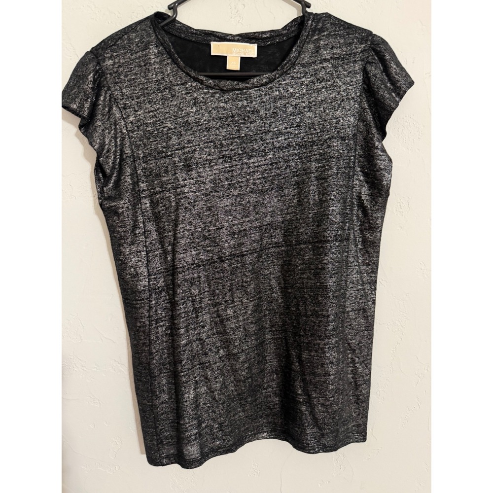 Michael Kors Womens Metallic Silver Black Linen Flutter Sleeve Top XS
